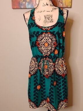 Teal Floral Medallion Sleeveless Drawstring Dress